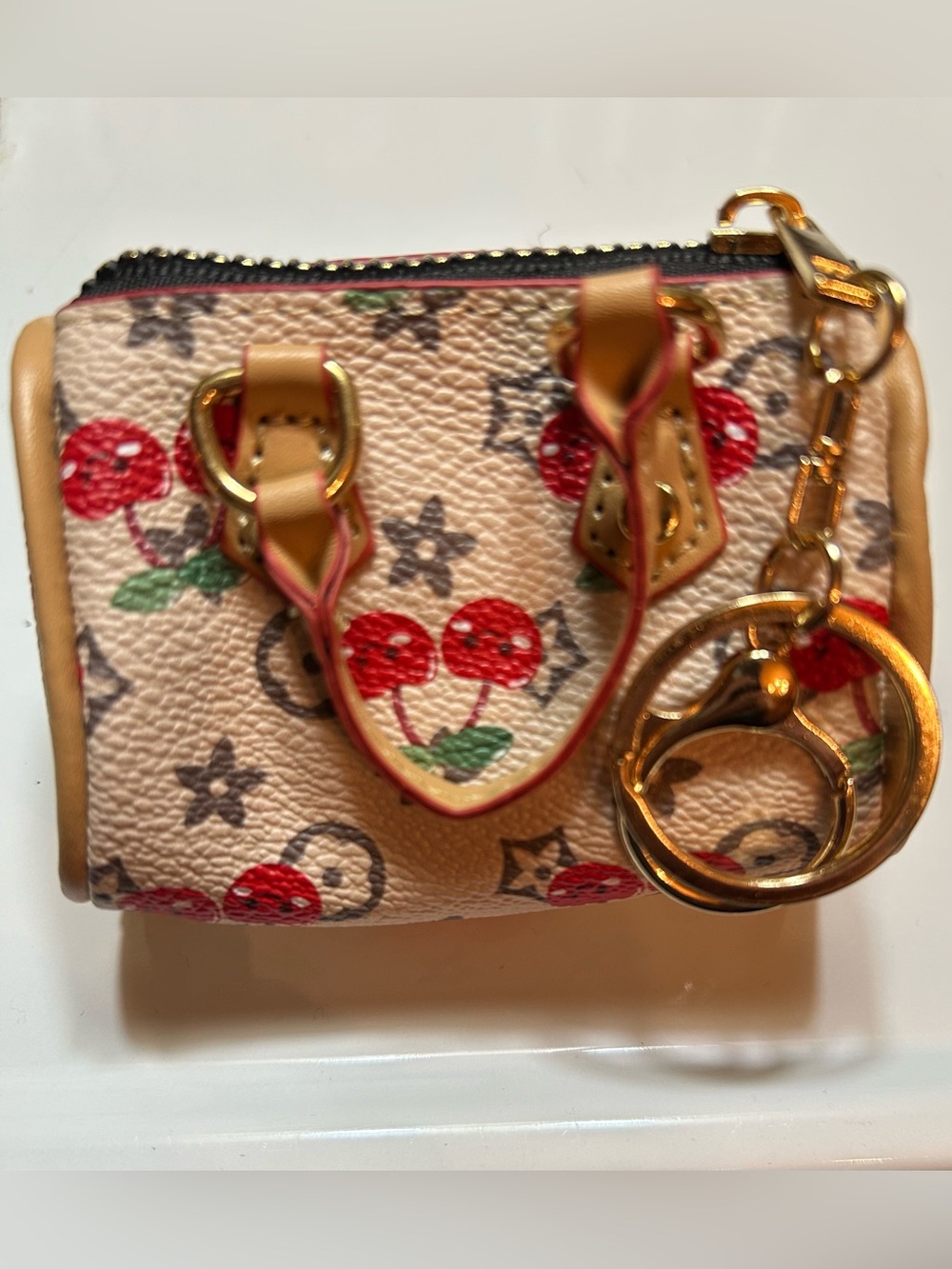 Mini Cherry Print Crossbody Bag with Gold Chain